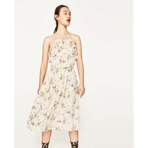 Zara Cottage Core Spaghetti Strap White Summer Ruffled Floral Midi‎ Dress XS